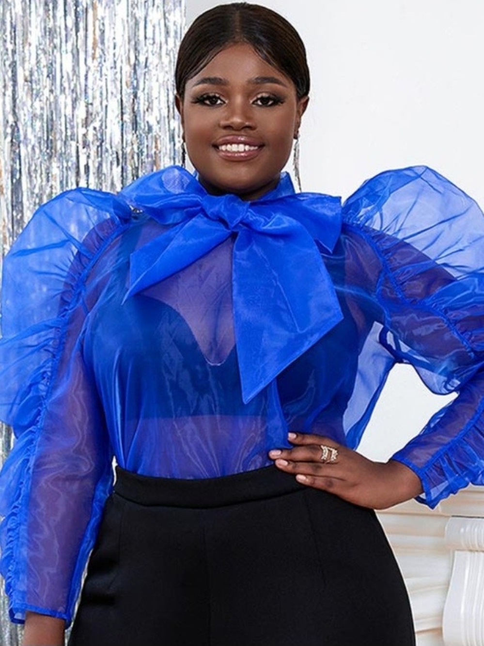 Sheer Royal Blue Bow-Tie Puff Sleeve Women's Top